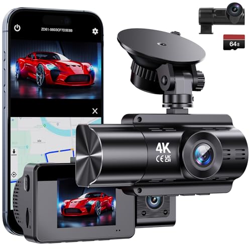 Dashcam Auto vorne und hinten kabellos dasch cam 360 Grad berwachung mit akku 4K mit GPS 5Ghz Wifi Dash Cam mit 64GB SD Auto Kamera kabellos mit Parküberwachung/Super Nachtsicht/Loop-Aufnahme