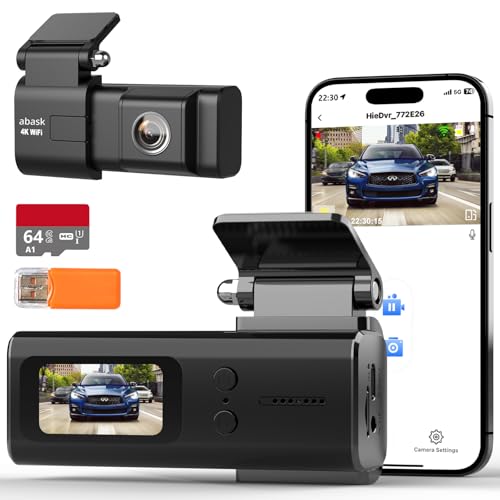 abask Dashcam Auto, Dashcam 4K WiFi mit App-Steuerung, Sprachalarm, Dash Cam mit 64GB SD-Karte, Kartenleser, Auto Camera mit Parküberwachung, Infrarot Nachtsicht, G-Sensor, Schleifenaufzeichnung