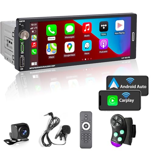 [Wireless] Alondy Autoradio 1Din mit 6.9 Zoll Bildschirm, Kompatibel mit Apple CarPlay Wireless/Android Auto Bluetooth Typ-C USB 2,1A Schnellladung Rückfahrkamera AM/FM/RDS Radio DSP