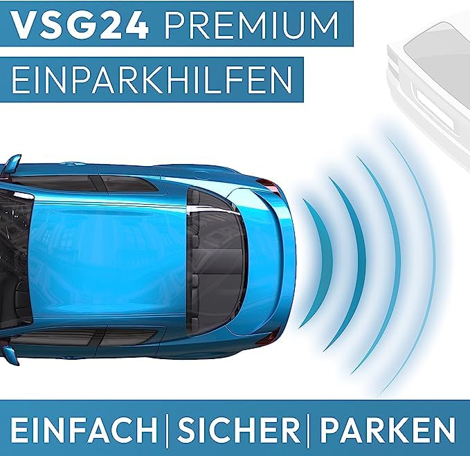 VSG24 Premium Einparkhilfe hinten zum nachrüsten am Auto, PDC Parksensoren hinten mit Stecksystem für einfachste Montage Rückfahrwarner mit Lautsprecher & 4 Sensoren Parkhilfe Nachrüstsatz Silber