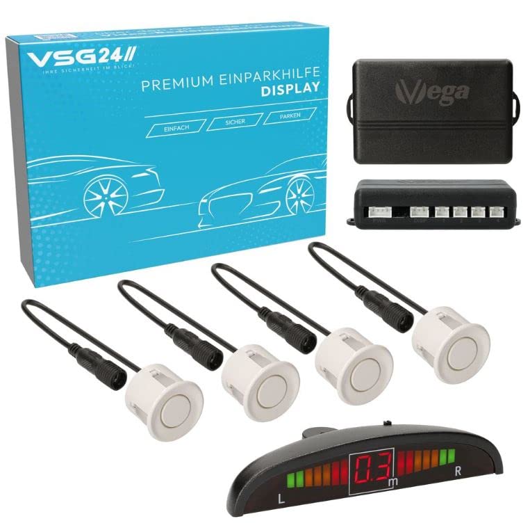 VSG24 Premium Einparkhilfe VORNE mit Display zum nachrüsten am Auto, PDC Parksensoren hinten mit Stecksystem für einfachste Montage - 4 Rückfahrwarner Sensoren Parkhilfe Nachrüstsatz Weiß