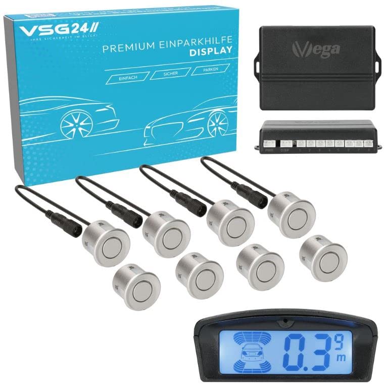 VSG24 Premium Kombi Einparkhilfe mit Display zum nachrüsten am Auto, PDC Parksensoren Vorne Hinten mit Stecksystem für einfachste Montage - 8 Rückfahrwarner Sensoren Parkhilfe Nachrüstsatz