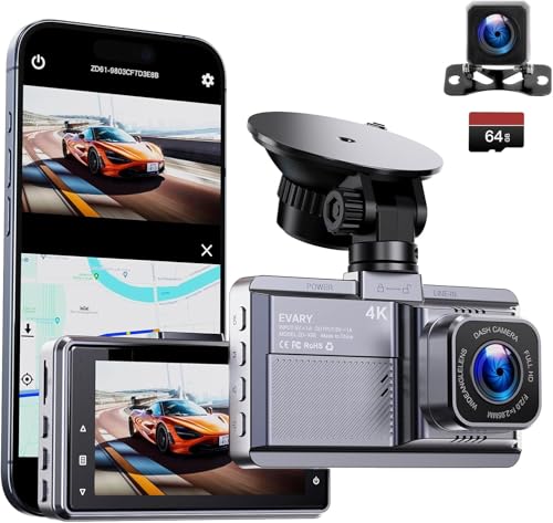 Dashcam Auto Vorne und Hinten 4K Kabellos mit GPS 5Ghz WiFi Dash Cam mit 64GB SD Auto Kamera kabellos mit Parküberwachung/170° Weitwinkel/360° Drehbarer Saugnapf/Super Nachtsicht/Loop-Aufnahme