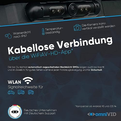 omniVID® T5 WiFi Rückfahrkamera-System kabellos für Smartphone, Kennzeichenkamera zum Nachrüsten für PKW, Auto, IP68 wasserdicht, Nachtsicht bis 5m, Einparkhilfe hinten