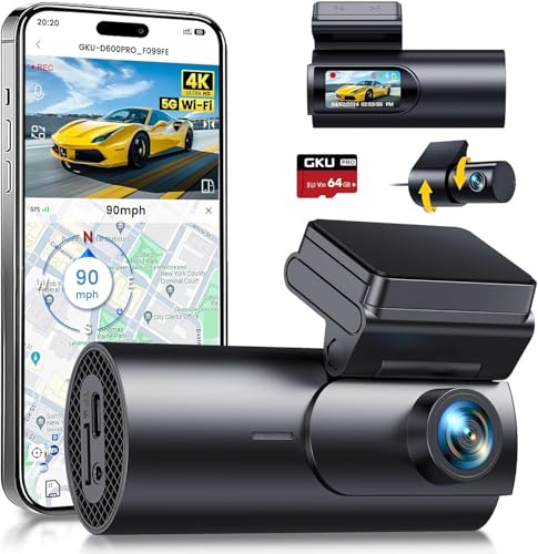 GKU 4K Dashcam Auto Vorne Hinten, 5G WiFi & GPS, Dual Dash Cam, 1.5” IPS Mini Auto Kamera mit 64GB SD Karte, Parküberwachung, Super Nachtsicht, WDR, 170° Weitwinkel, G-Sensor, APP Steuerung, Max 256GB